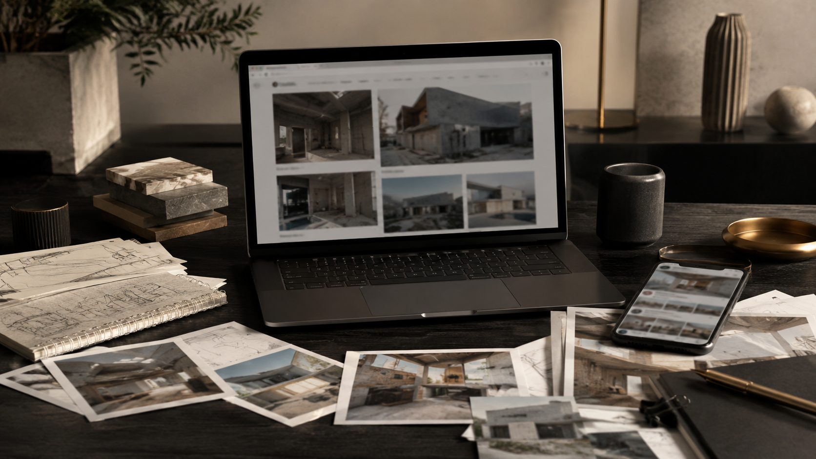 Fotos de obras dispersas sobre uma secretária, ao lado de um portátil com portfólio online — representando como fotos reais podem ganhar uma apresentação mais profissional.