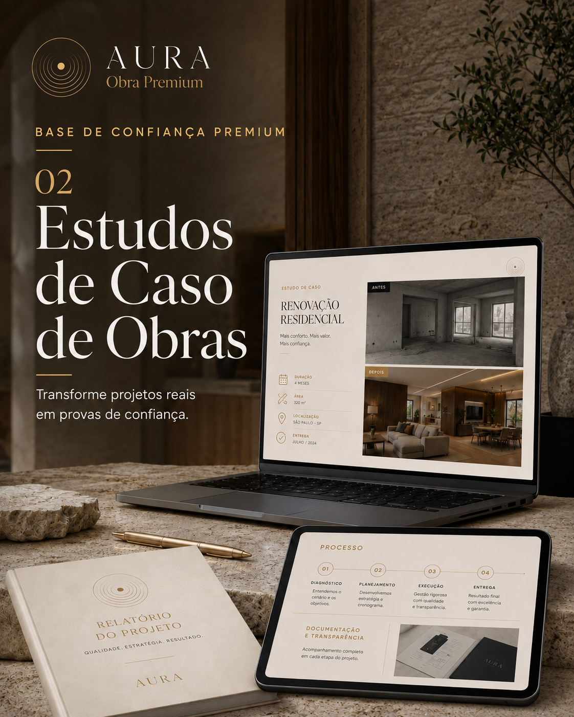 Estudo de caso AURA Obra Premium com antes/depois, processo e ficha da obra.