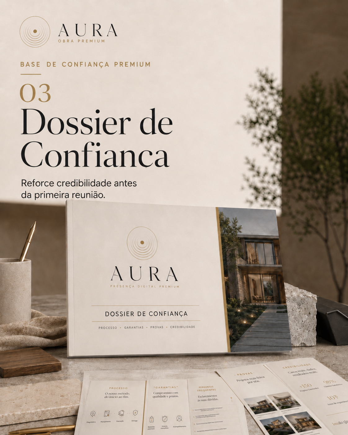 Dossier de confiança AURA Obra Premium com processo, garantias, perguntas frequentes e credibilidade.
