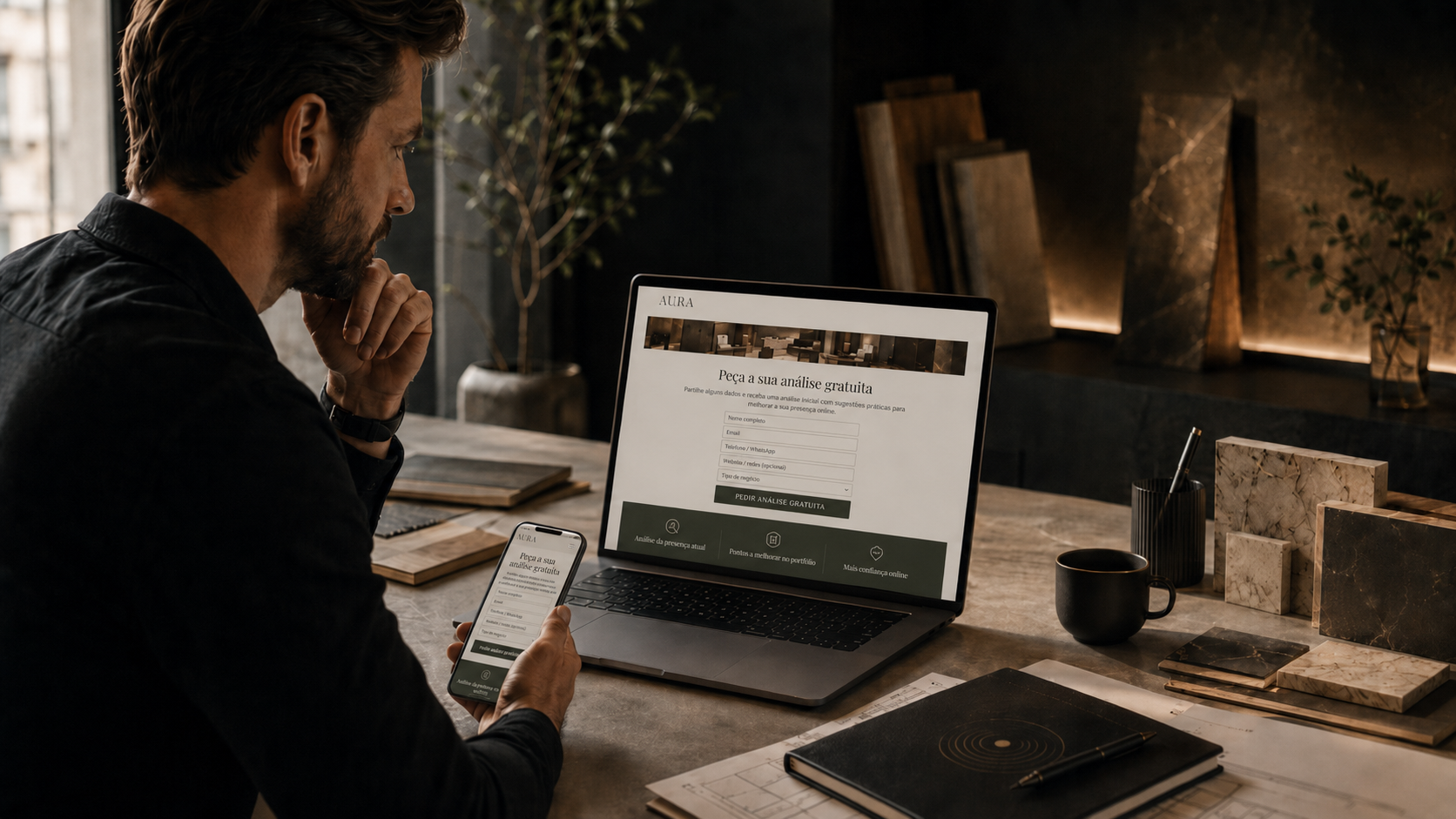Empresário a rever a página de análise gratuita da AURA Obra Premium num ambiente profissional.