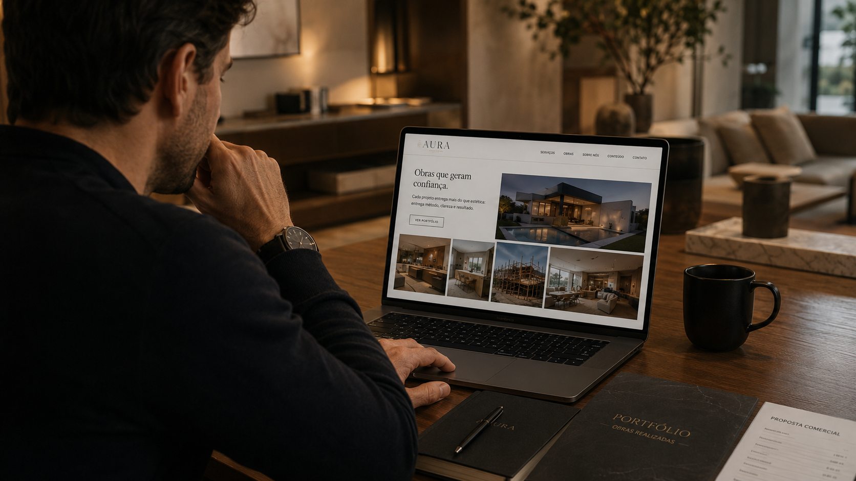 Pessoa a validar online uma empresa de construção recomendada antes de pedir orçamento.