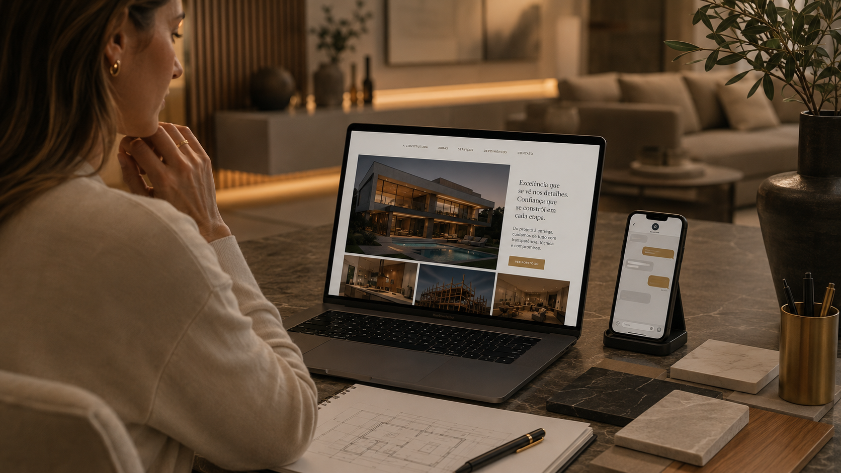 Potencial cliente a consultar online o portfólio premium de uma empresa de obras antes de pedir orçamento.