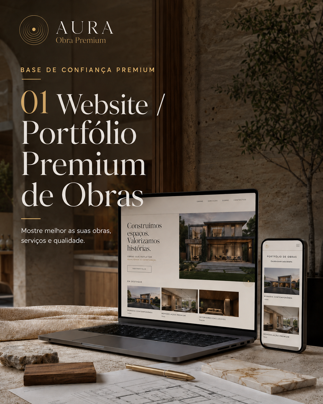 Website e portfólio premium AURA Obra Premium com obras em destaque em desktop e mobile.