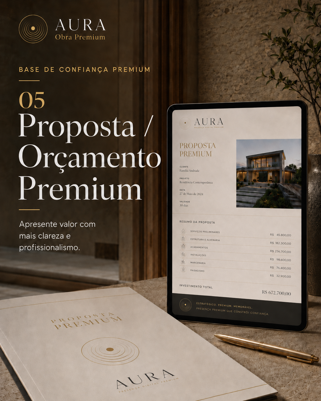 Proposta AURA Obra Premium em tablet com resumo, fases e investimento de obra.