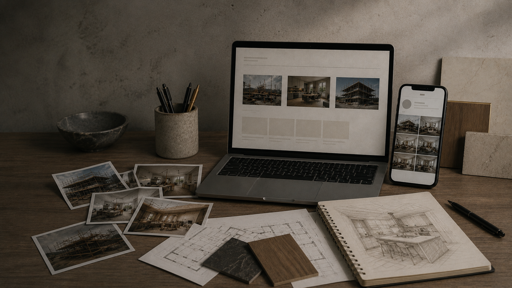 Presença digital desorganizada com fotografias de obras, website pouco claro e materiais dispersos.