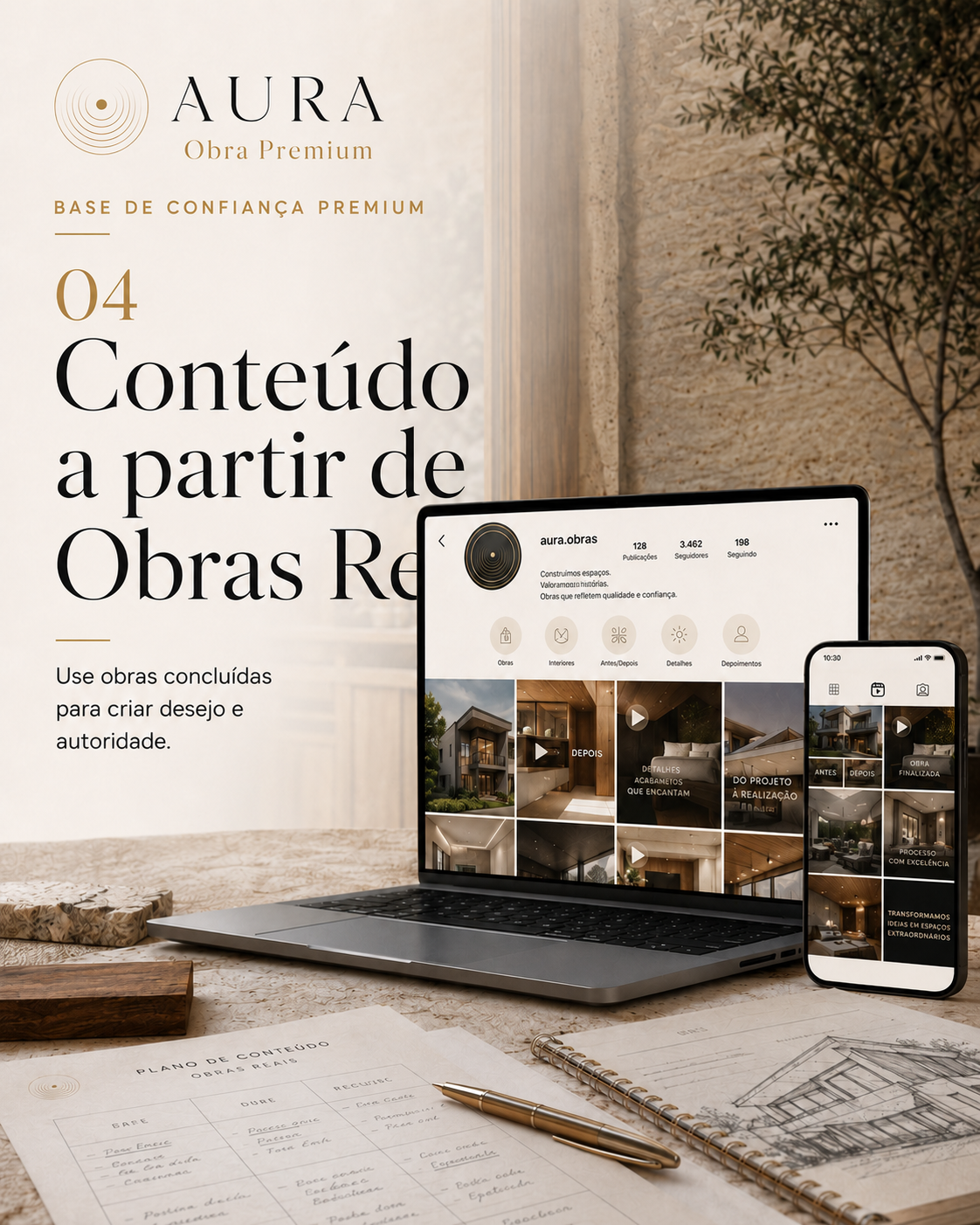 Conteúdo AURA Obra Premium a partir de obras reais em feed de Instagram e plano editorial.